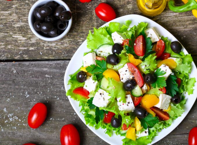 Wallpaper Greek, cooking, recipe, lettuce, tomatoes, paprika, olives, feta, 4k, Food 1343218940
